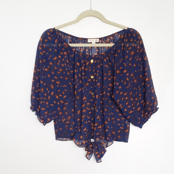 mine Tops - Navy Blue and Orange Leopard Print Blouse